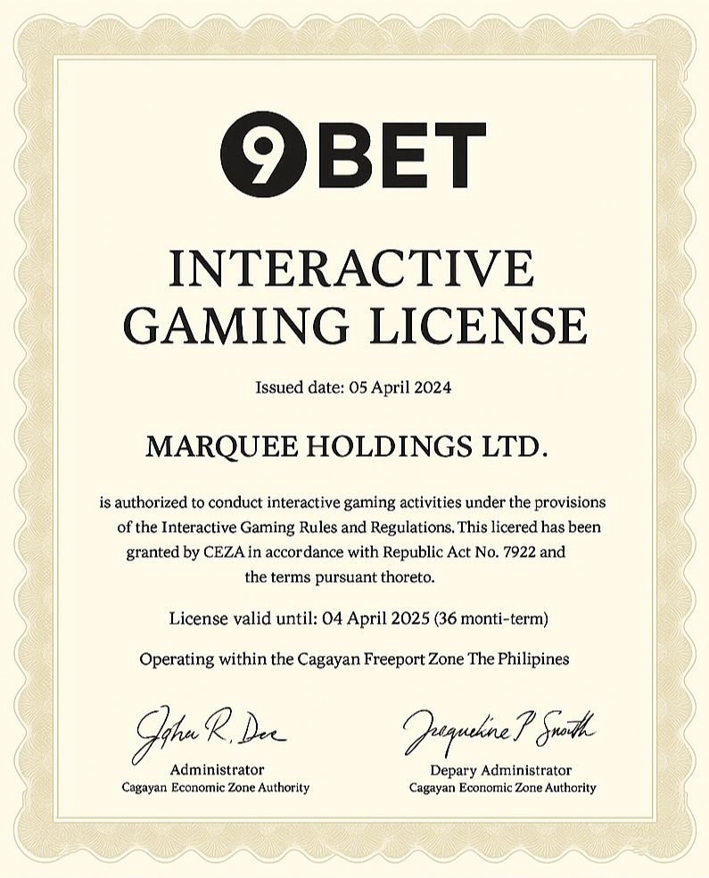 Giấy phép hoạt động hợp pháp của nhà cái 9Bet