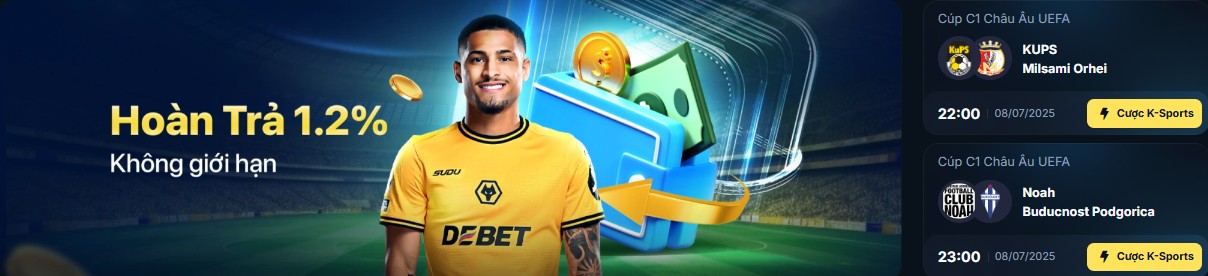 Nhà cái 9bet hoàn trả 1,2%